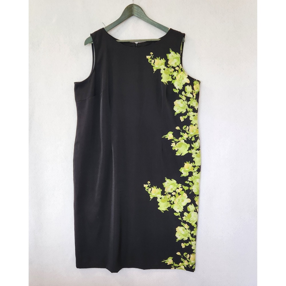 Maya Brooke Womens 20W Black Lime Green Floral Sleeveless Sheath Dress 27323